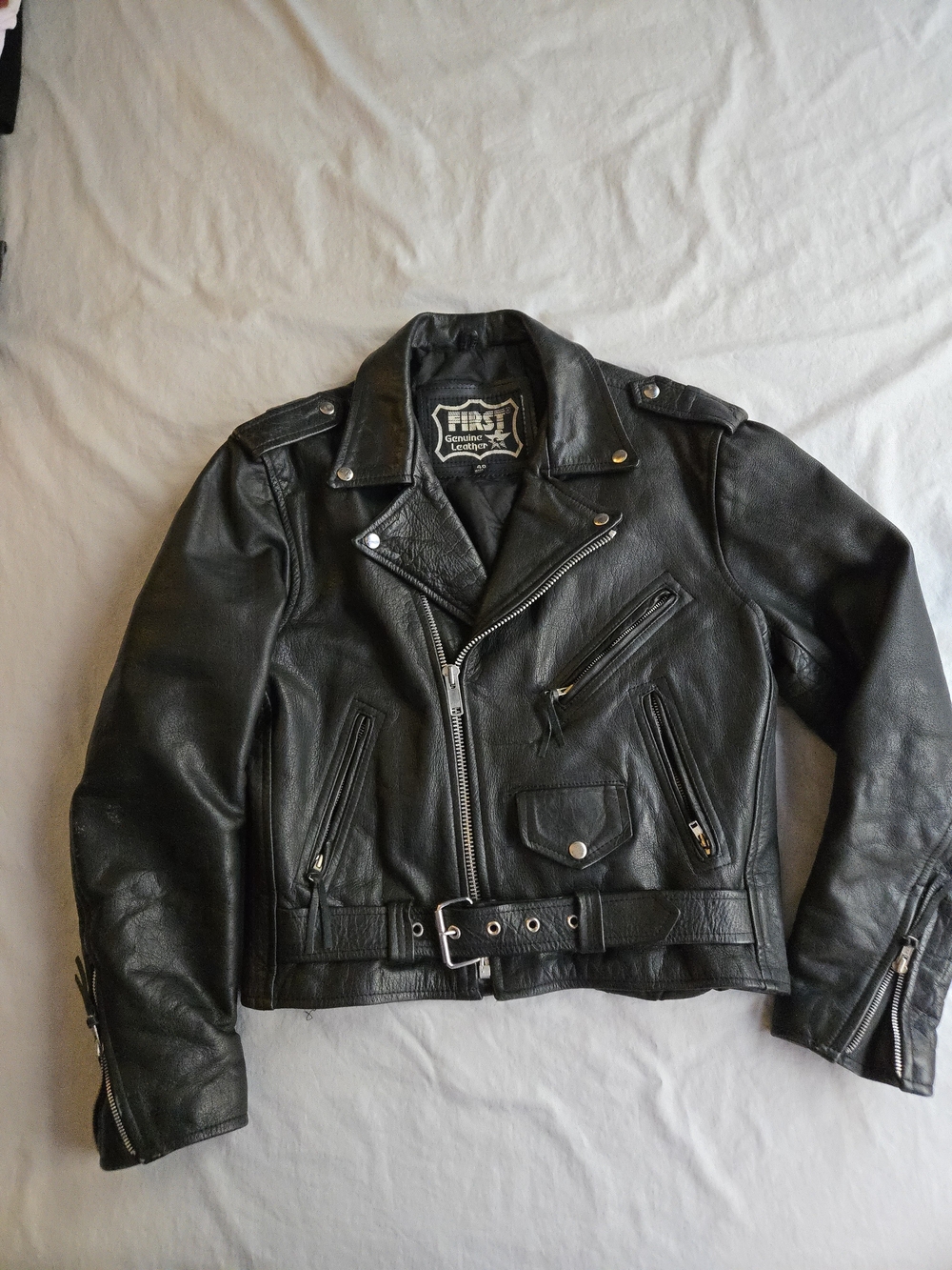 Vintage 90s First Genuine Leather Heavy Duty Black Motorcycle Biker Jacket CW3